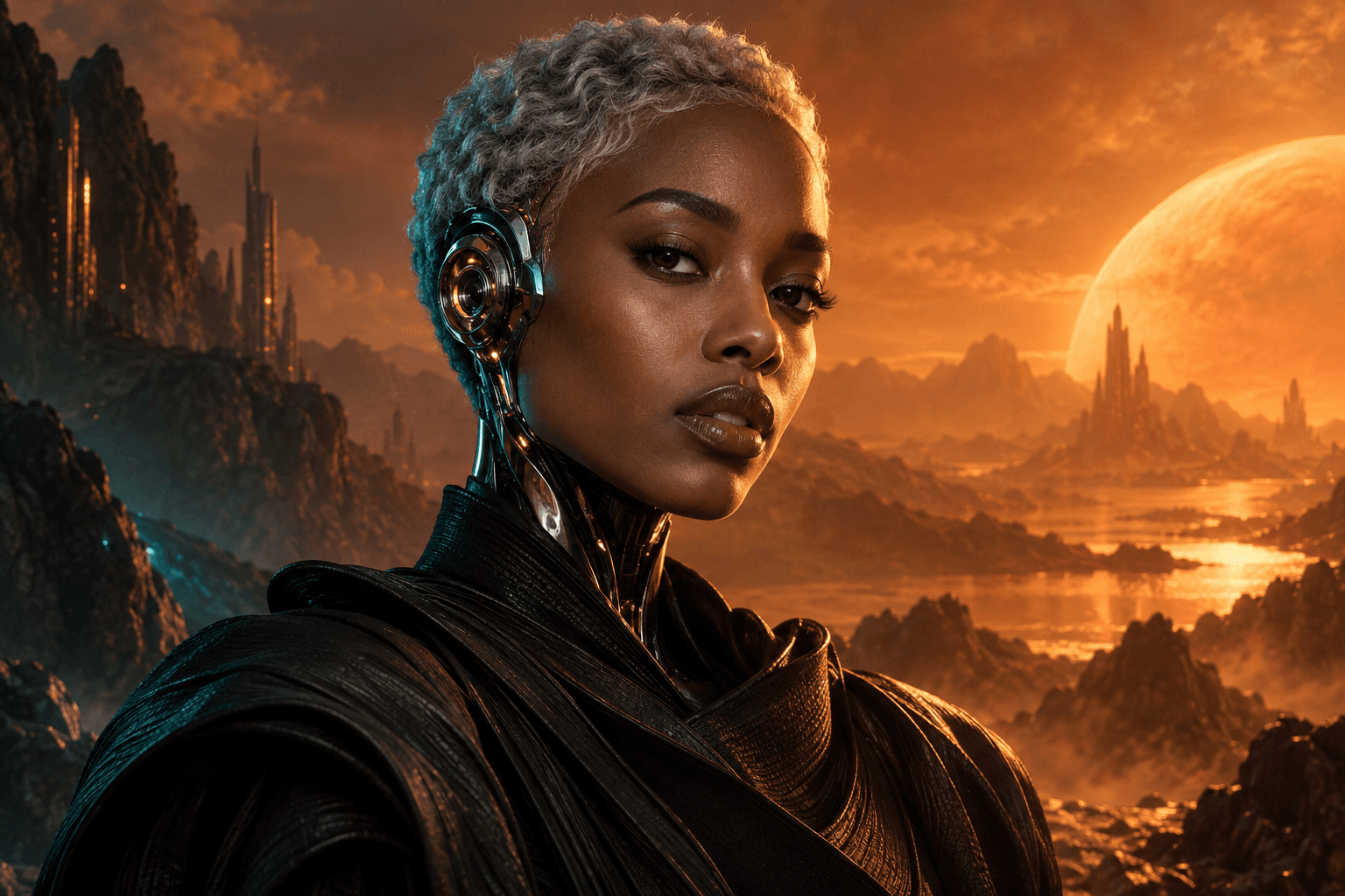Original science fiction character reference: a silver-haired android in a glowing copper landscape